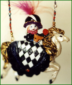 Masquerade bunny on horseback with removable mask. Polymer clay necklace or figurine