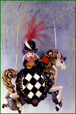 Masquerade bunny on horseback with removable mask. Polymer clay necklace or figurine